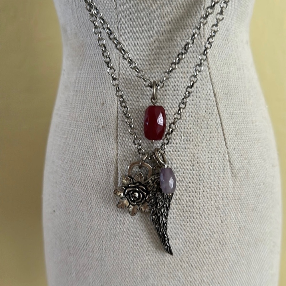 lucky brand Angel Wing Flower Amethyst RubyCharm Pendant Necklace